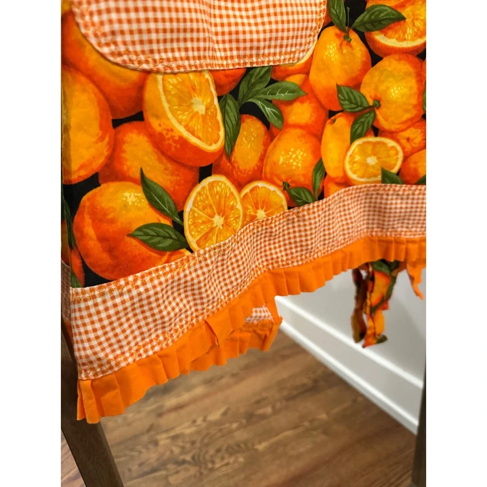 Orange Fruit Gingham Ruffle Apron Fruit of the Spirit is Joy Embroidered S/M